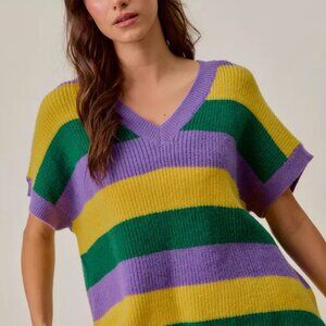 SO ME Mardi Gras Loose Fit V Neck Stripe Sweater Top